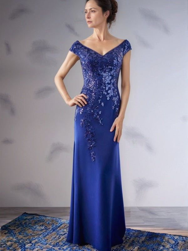 Sheath V-neck Appliques Lace Floor-Length Charmeuse Mother of the Bride Dress