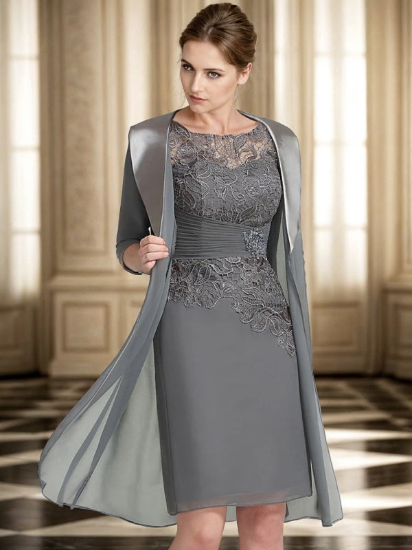 Sheath Bateau 1/2 Sleeves Appliques Lace Short/Mini Chiffon Mother of the Bride Dress