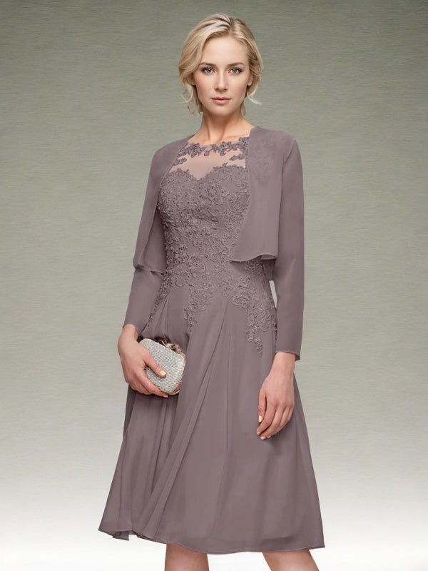 A-line Bateau Appliques Lace Knee-Length Chiffon Mother of the Bride Dress