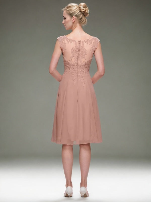 A-line Bateau Appliques Lace Knee-Length Chiffon Mother of the Bride Dress