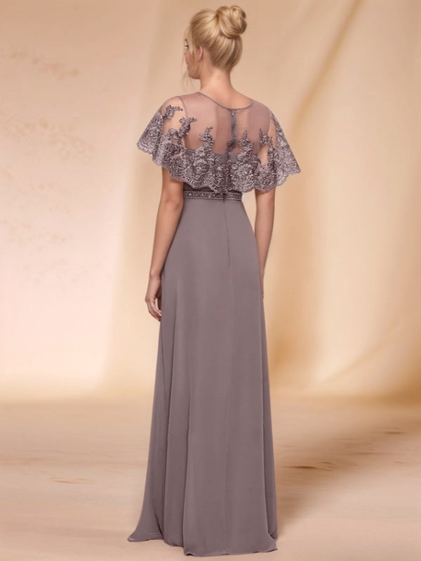 Sheath Bateau Short Sleeves Appliques Lace Floor-Length Chiffon Mother of the Bride Dress