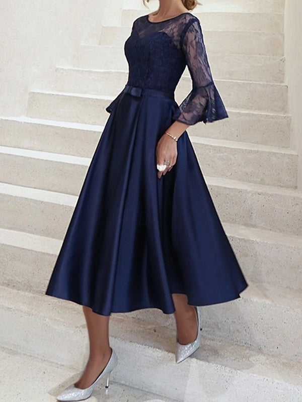 A-line Scoop 3/4 Sleeves Appliques Lace Tea-Length Satin Mother of the Bride Dress