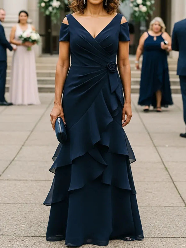 Sheath Cold Shoulder Cascading Ruffles Floor-Length Chiffon Mother of the Bride Dress