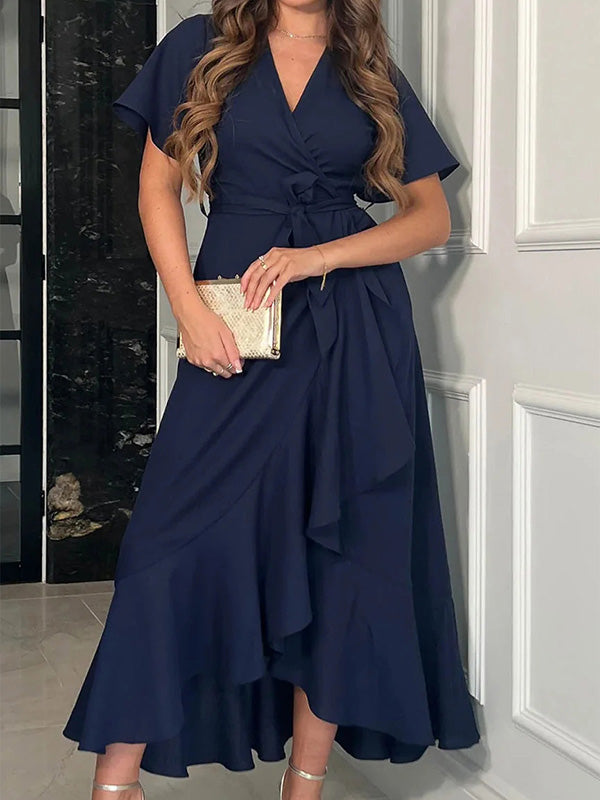 A-line V-neck Short Sleeves Ruffles Asymmetrical Stretch Crepe Mother of the Bride Dress
