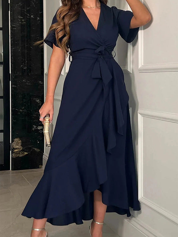 A-line V-neck Short Sleeves Ruffles Asymmetrical Stretch Crepe Mother of the Bride Dress