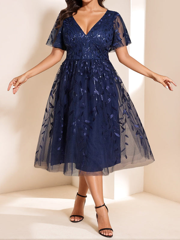 A-line V-neck Short Sleeves Tea-Length Lace Mother of the Bride Dress