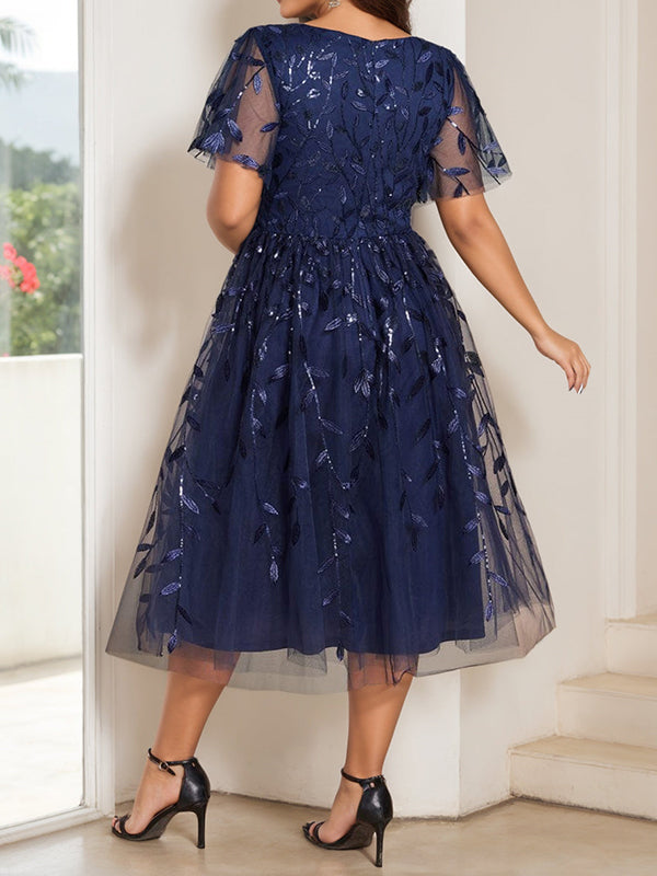 A-line V-neck Short Sleeves Tea-Length Lace Mother of the Bride Dress