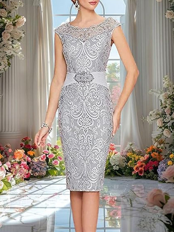 Sheath Bateau Short Sleeves Appliques Lace Knee-Length Chiffon Mother of the Bride Dress