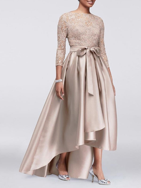 A-line Bateau 3/4 Sleeves Bow Asymmetrical Satin Mother of the Bride Dress