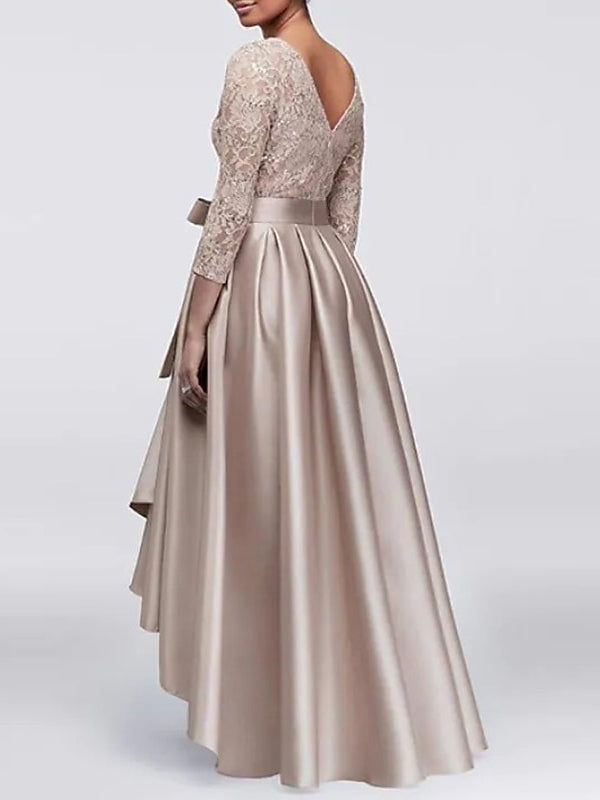 A-line Bateau 3/4 Sleeves Bow Asymmetrical Satin Mother of the Bride Dress