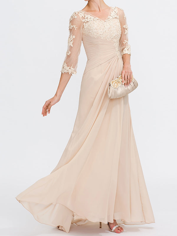 A-line V-neck 3/4 Sleeves Appliques Lace Floor-Length Chiffon Corset Mother of the Bride Dress