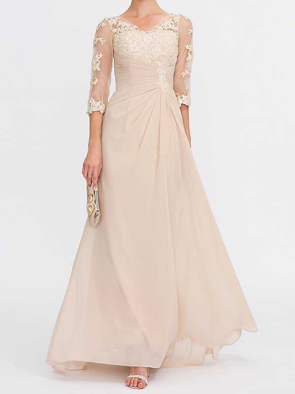 A-line V-neck 3/4 Sleeves Appliques Lace Floor-Length Chiffon Corset Mother of the Bride Dress