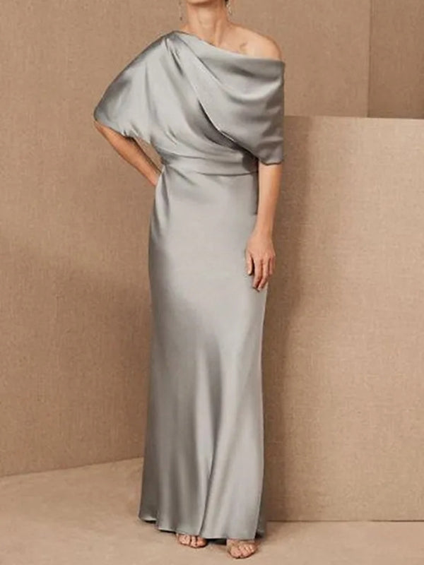 Sheath One-Shoulder 1/2 Sleeves Pleated Floor-Length Silk Like Satin Corset Mother of the Bride Dress
