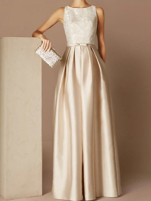 A-line Scoop Pleated Floor-Length Satin Mother of the Bride Dress