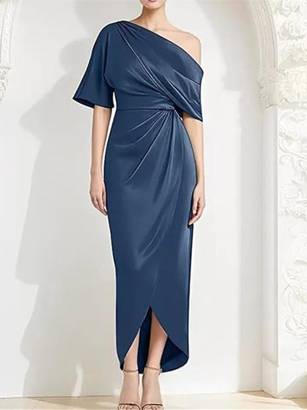 Sheath One-Shoulder 1/2 Sleeves Pleated Asymmetrical Silk Like Satin Corset Mother of the Bride Dress