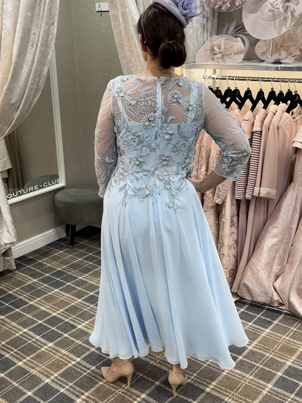 A-line Scoop 3/4 Sleeves Appliques Lace Ankle-Length Chiffon Mother of the Bride Dress