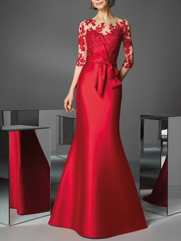 Sheath Scoop 3/4 Sleeves Appliques Lace Floor-Length Satin Mother of the Bride Dress