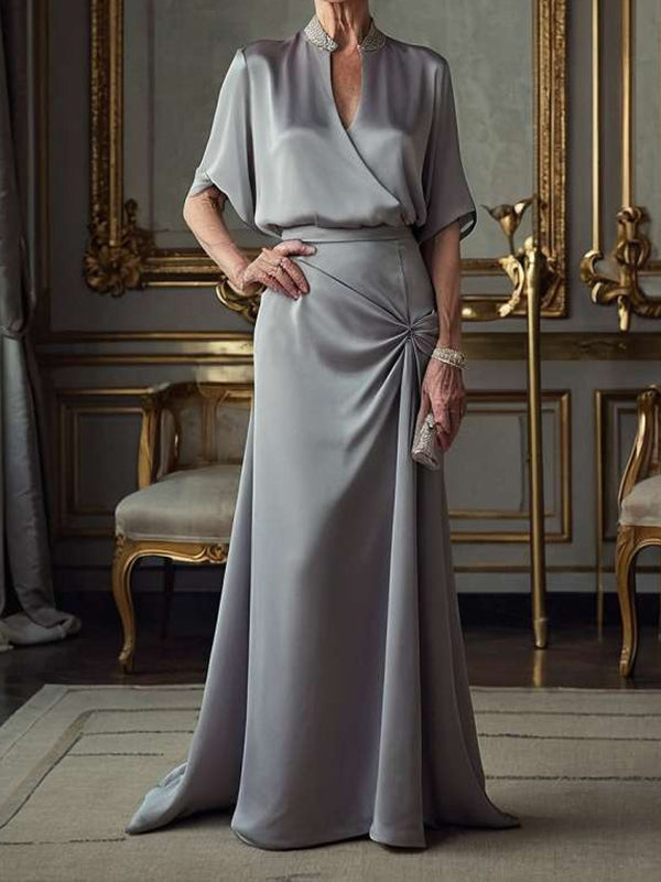 Sheath High Neck 1/2 Sleeves Pleated Sweep Train Charmeuse Mother of the Bride Dress
