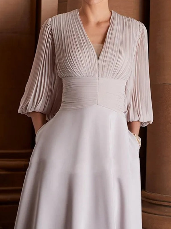 A-line V-neck 3/4 Sleeves Pleated Tea-Length Chiffon Mother of the Bride Dress