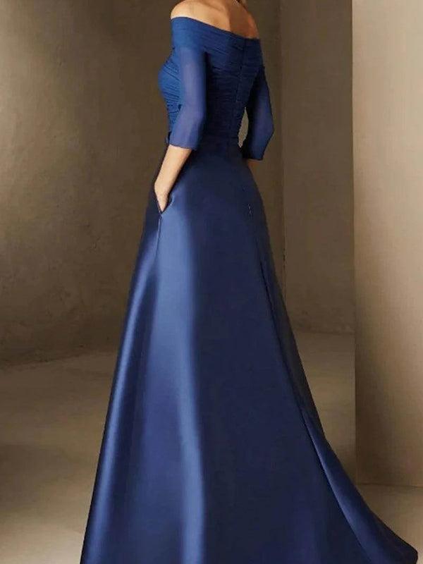 A-line Off-the-Shoulder 3/4 Sleeves Beading Floor-Length Satin Corset Mother of the Bride Dress