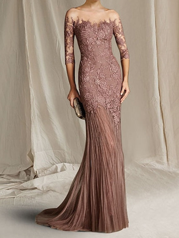Sheath Scoop 3/4 Sleeves Appliques Lace Sweep Train Tulle Mother of the Bride Dress