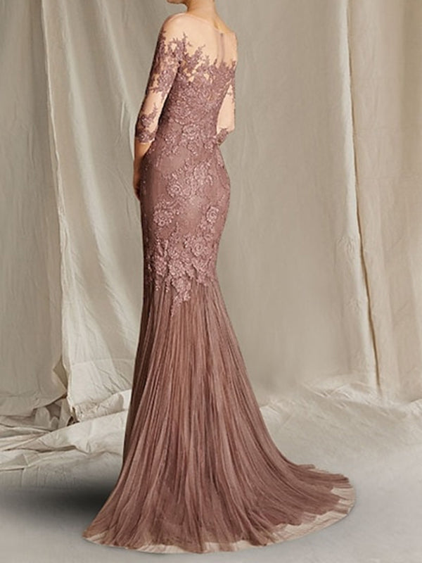 Sheath Scoop 3/4 Sleeves Appliques Lace Sweep Train Tulle Mother of the Bride Dress