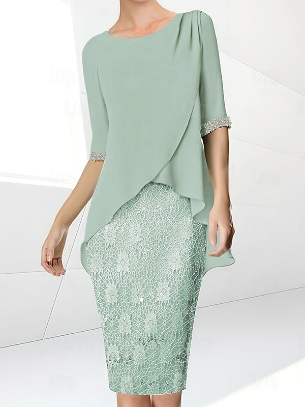 Sheath Scoop 1/2 Sleeves Appliques Lace Knee-Length Chiffon Mother of the Bride Dress