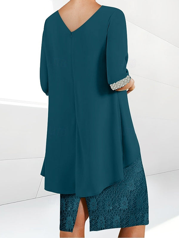 Sheath Scoop 1/2 Sleeves Appliques Lace Knee-Length Chiffon Mother of the Bride Dress