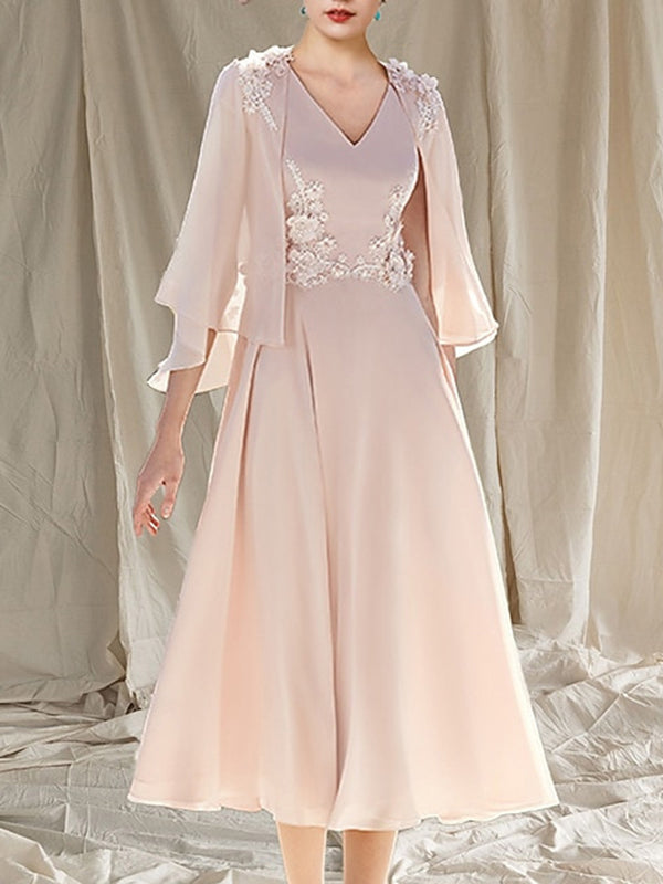 A-line V-neck 3/4 Sleeves Appliques Lace Tea-Length Chiffon Mother of the Bride Dress