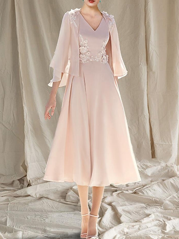 A-line V-neck 3/4 Sleeves Appliques Lace Tea-Length Chiffon Mother of the Bride Dress