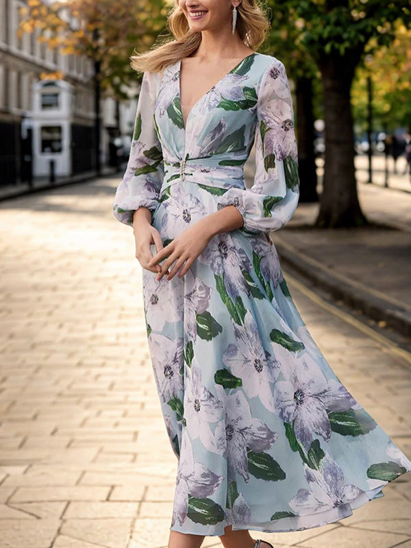 A-line V-neck Long Sleeves Pleated Tea-Length Mother of the Bride Dress