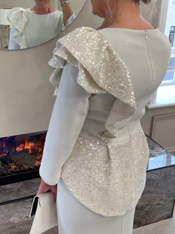 Sheath Scoop 3/4 Sleeves Sequin Tea-Length Stretch Crepe Mother of the Bride Dress