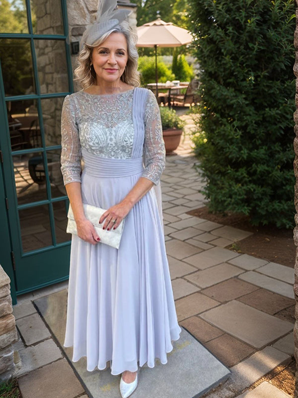 A-line Bateau 3/4 Sleeves Ruffles Floor-Length Chiffon Mother of the Bride Dress