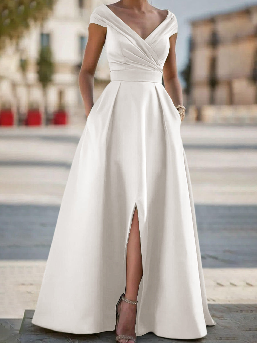 A-line V-neck Pleated Floor-Length Satin Corset Mother of the Bride Dress