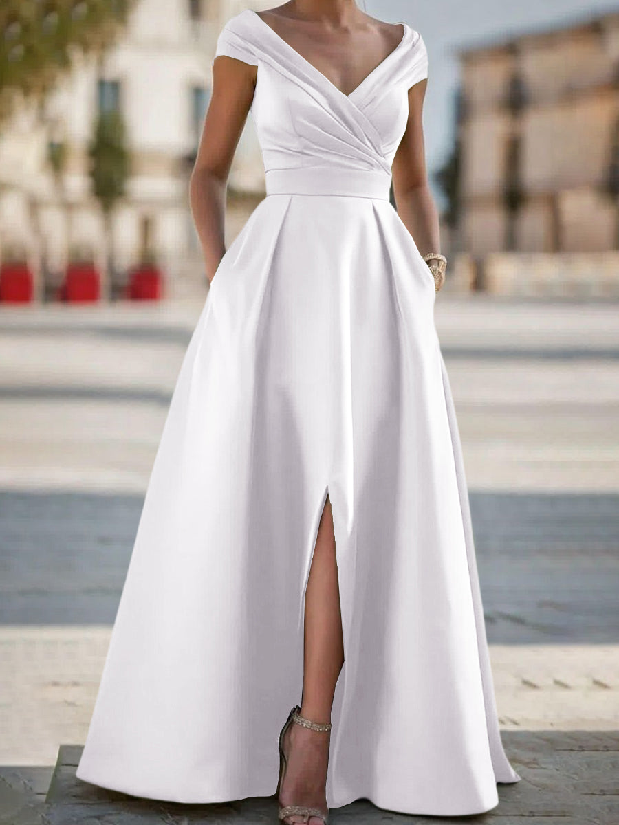 A-line V-neck Pleated Floor-Length Satin Corset Mother of the Bride Dress