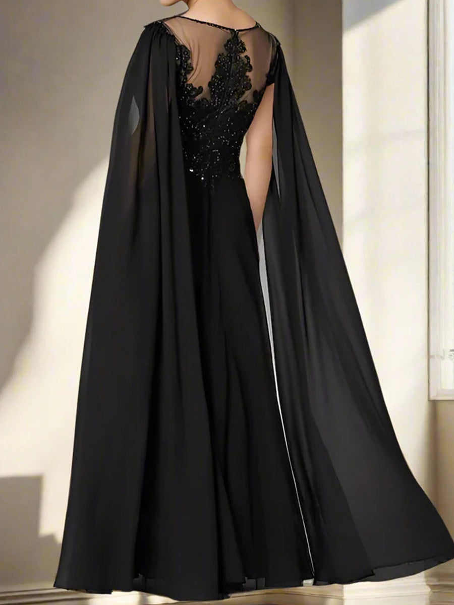 A-line Scoop Short Sleeves Appliques Lace Floor-Length Chiffon Corset Mother of the Bride Dress