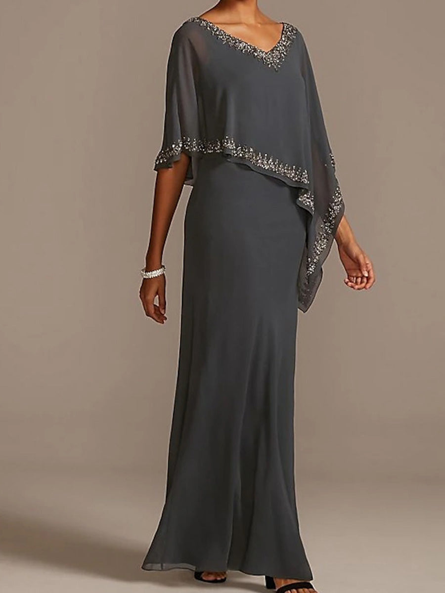 Sheath V-neck 1/2 Sleeves Ruffles Floor-Length Chiffon Mother of the Bride Dress