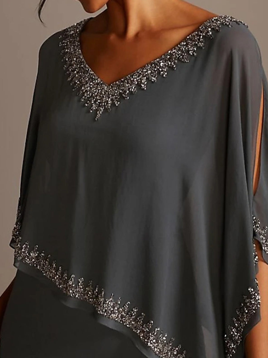 Sheath V-neck 1/2 Sleeves Ruffles Floor-Length Chiffon Mother of the Bride Dress