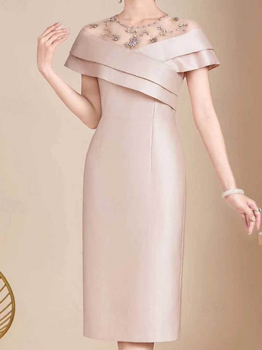 Sheath Scoop Short Sleeves Pleated Tea-Length Satin Corset Mother of the Bride Dress
