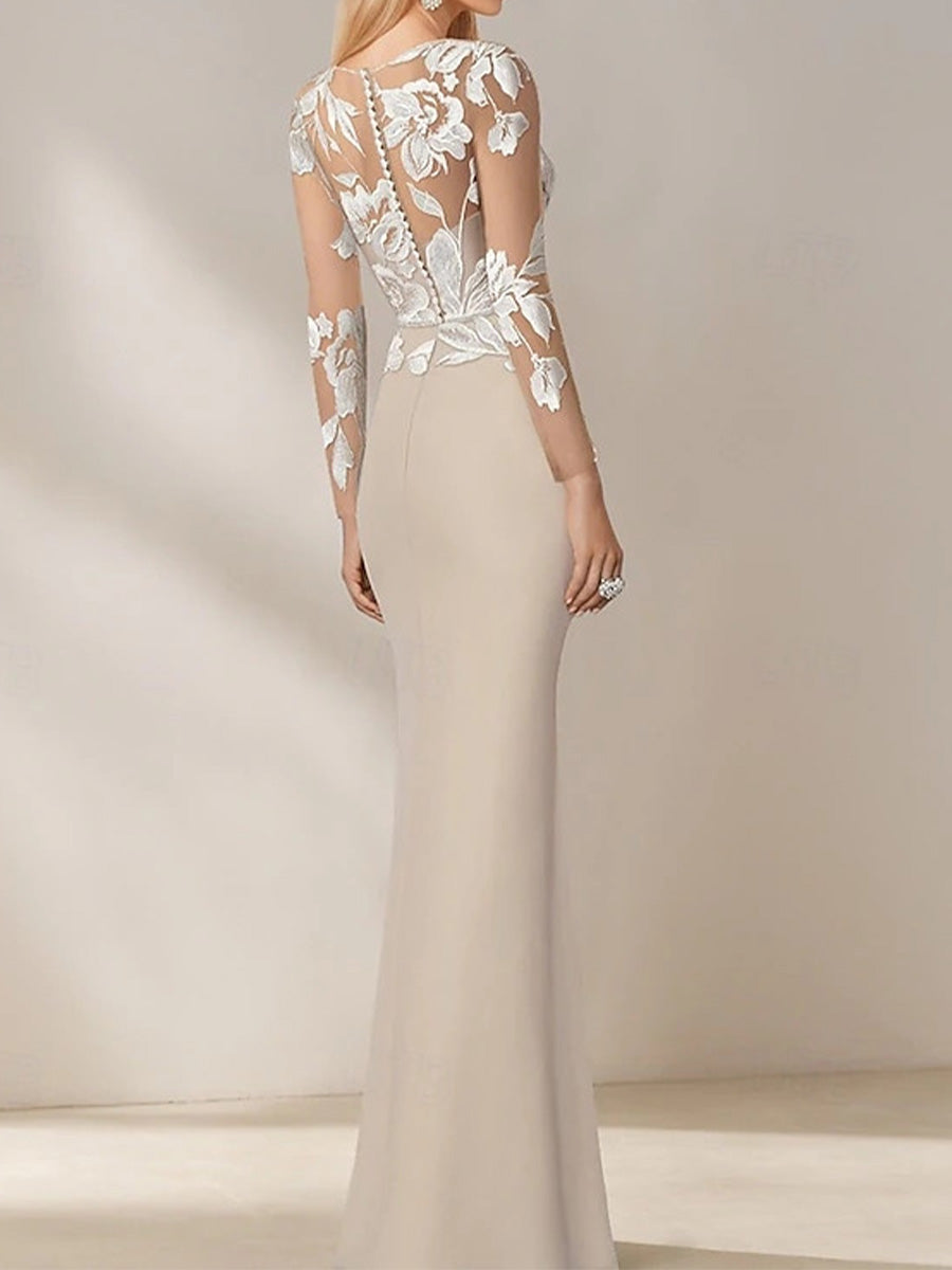 Sheath Bateau Long Sleeves Appliques Lace Floor-Length Stretch Crepe Mother of the Bride Dress
