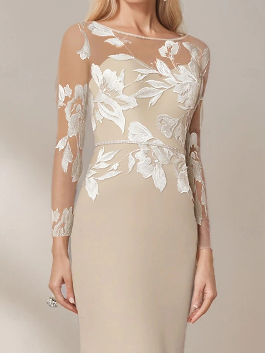 Sheath Bateau Long Sleeves Appliques Lace Floor-Length Stretch Crepe Mother of the Bride Dress