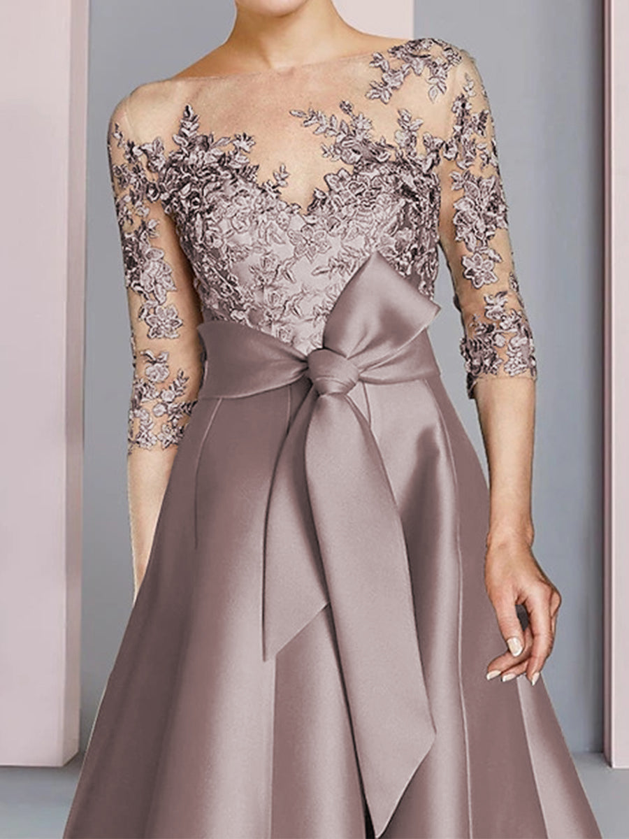 A-line Bateau 1/2 Sleeves Bow Tea-Length Satin Corset Mother of the Bride Dress