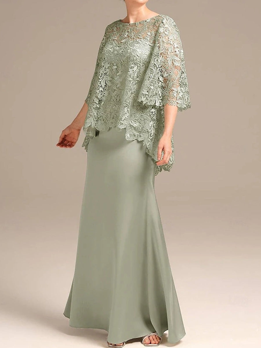 Sheath Bateau 3/4 Sleeves Appliques Lace Floor-Length Satin Chiffon Corset Mother of the Bride Dress
