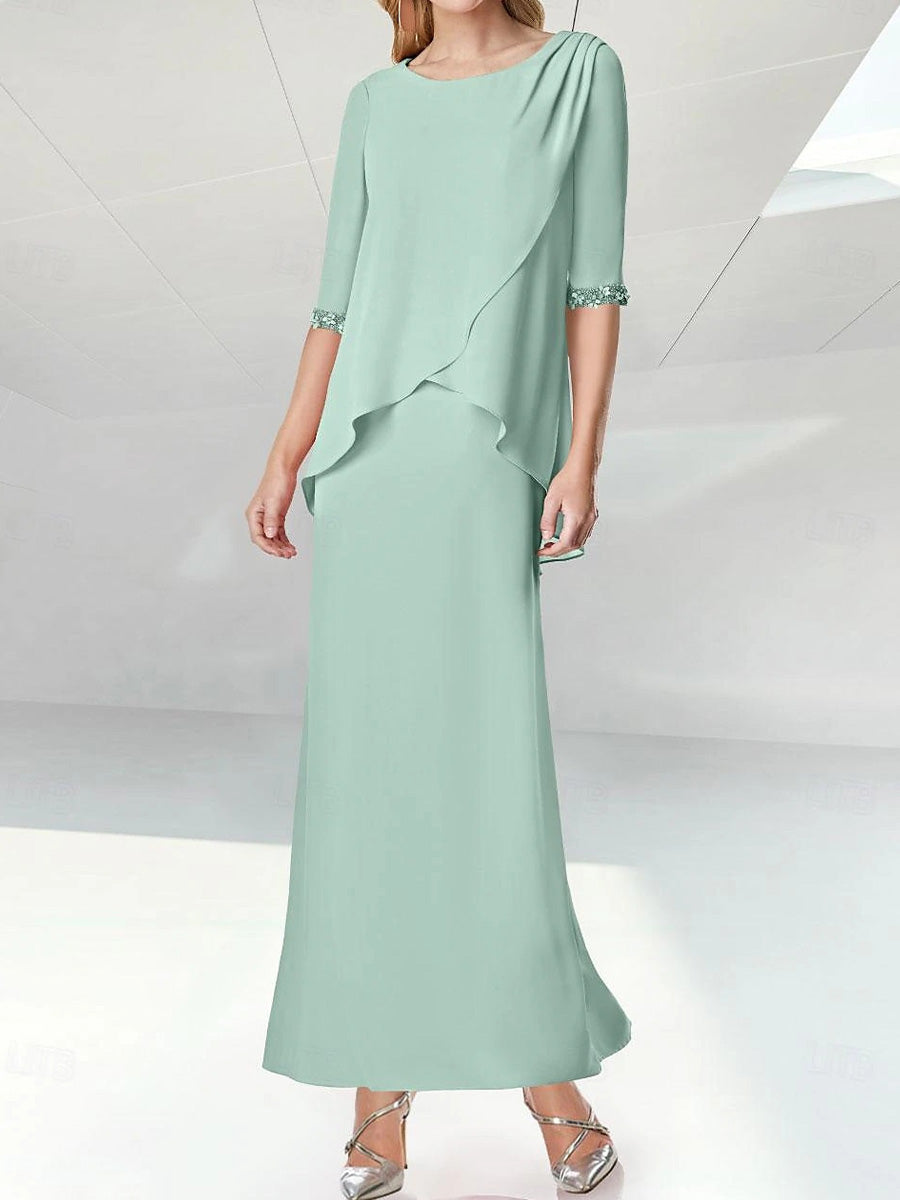 Sheath Scoop 1/2 Sleeves Pleated Ankle-Length Chiffon Mother of the Bride Dress