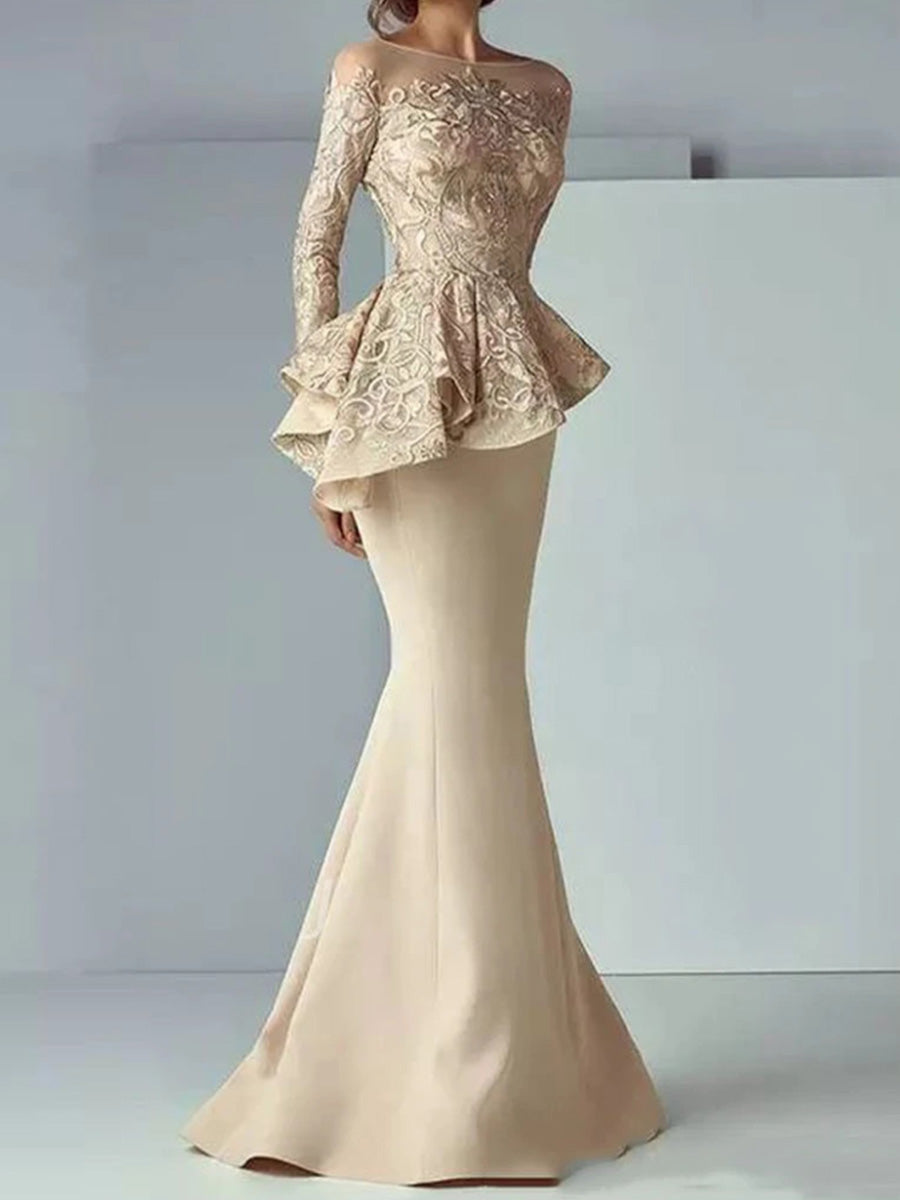 Sheath Scoop Long Sleeves Appliques Lace Floor-Length Stretch Crepe Corset Mother of the Bride Dress