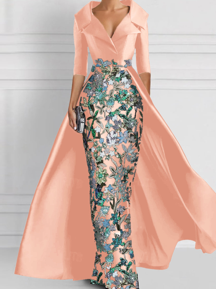 Sheath V-neck 1/2 Sleeves Appliques Lace Floor-Length Satin Corset Mother of the Bride Dress