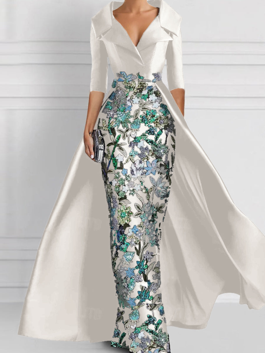 Sheath V-neck 1/2 Sleeves Appliques Lace Floor-Length Satin Corset Mother of the Bride Dress
