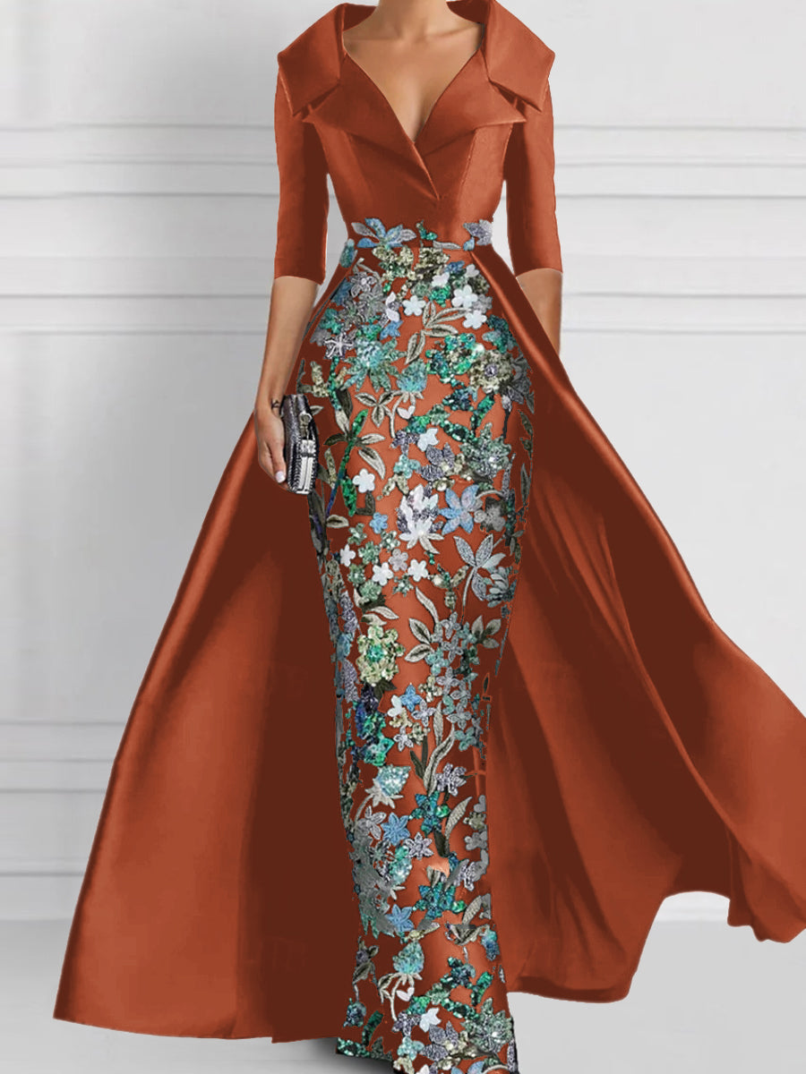 Sheath V-neck 1/2 Sleeves Appliques Lace Floor-Length Satin Corset Mother of the Bride Dress