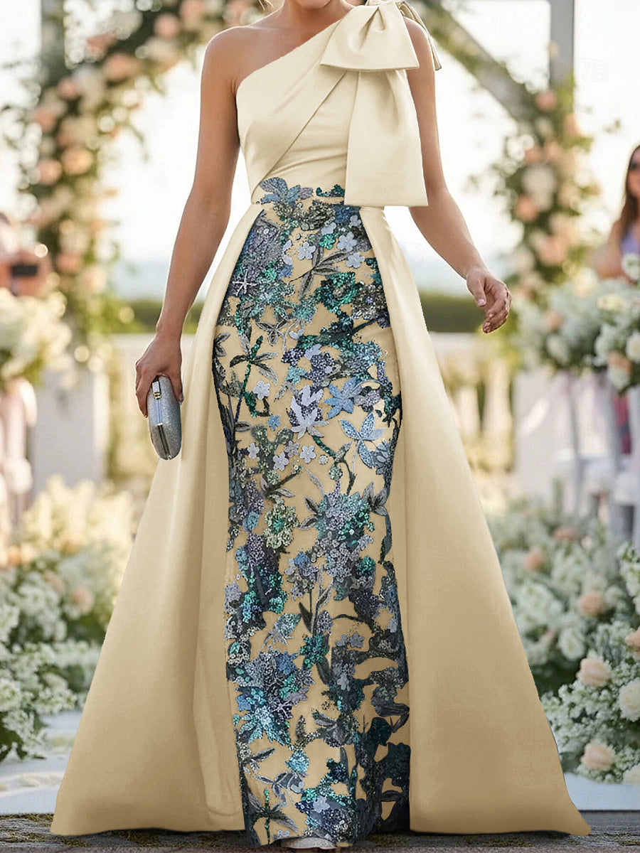 A-line One-Shoulder Bow Floor-Length Satin Corset Mother of the Bride Dress