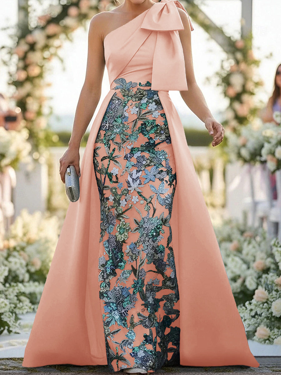 A-line One-Shoulder Bow Floor-Length Satin Corset Mother of the Bride Dress